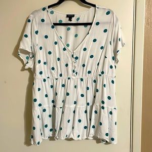 Torrid O White teal polkadot blouse empire waist